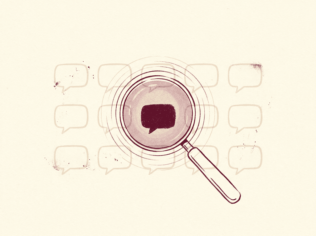Magnifying glass over a grid of chat-bubble outlines, the central bubble filled in oxblood.