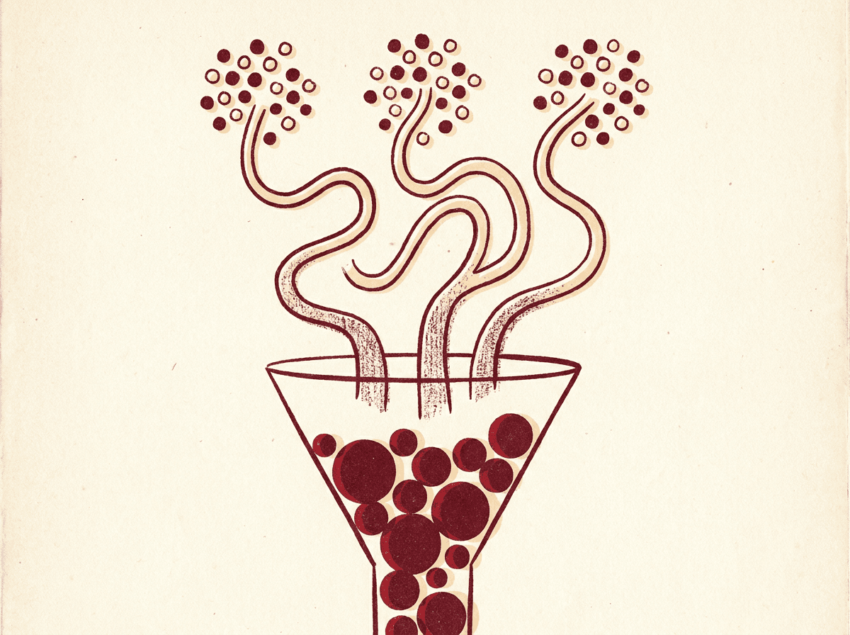 Three dot-clusters flow through curved lines into a funnel filled with oxblood circles.