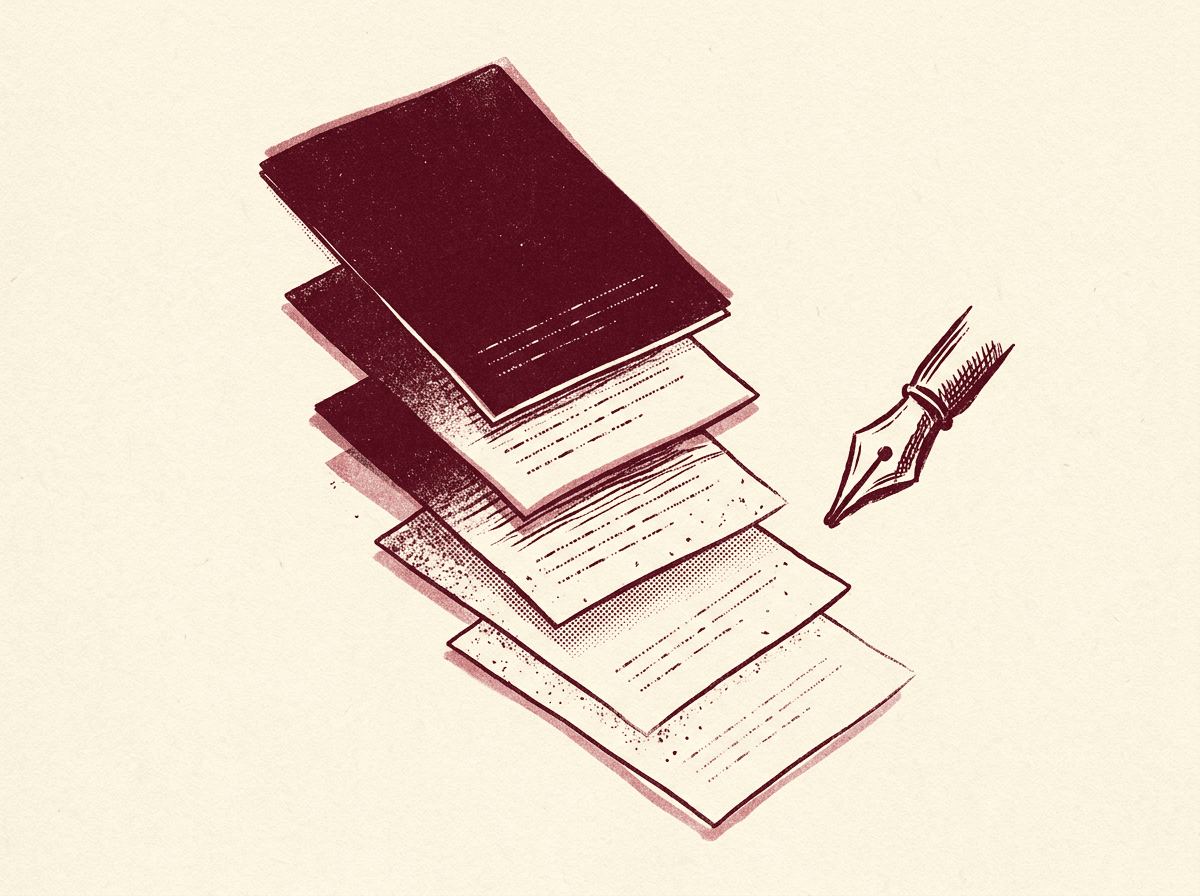 A stack of paper sheets cascading diagonally next to a fountain pen nib, top sheet oxblood.