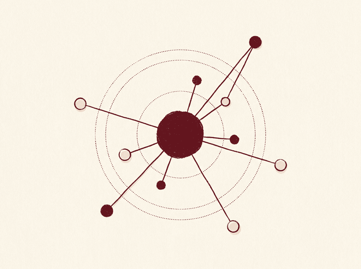 A central oxblood node connected to outer nodes by radiating lines, with concentric trust rings.